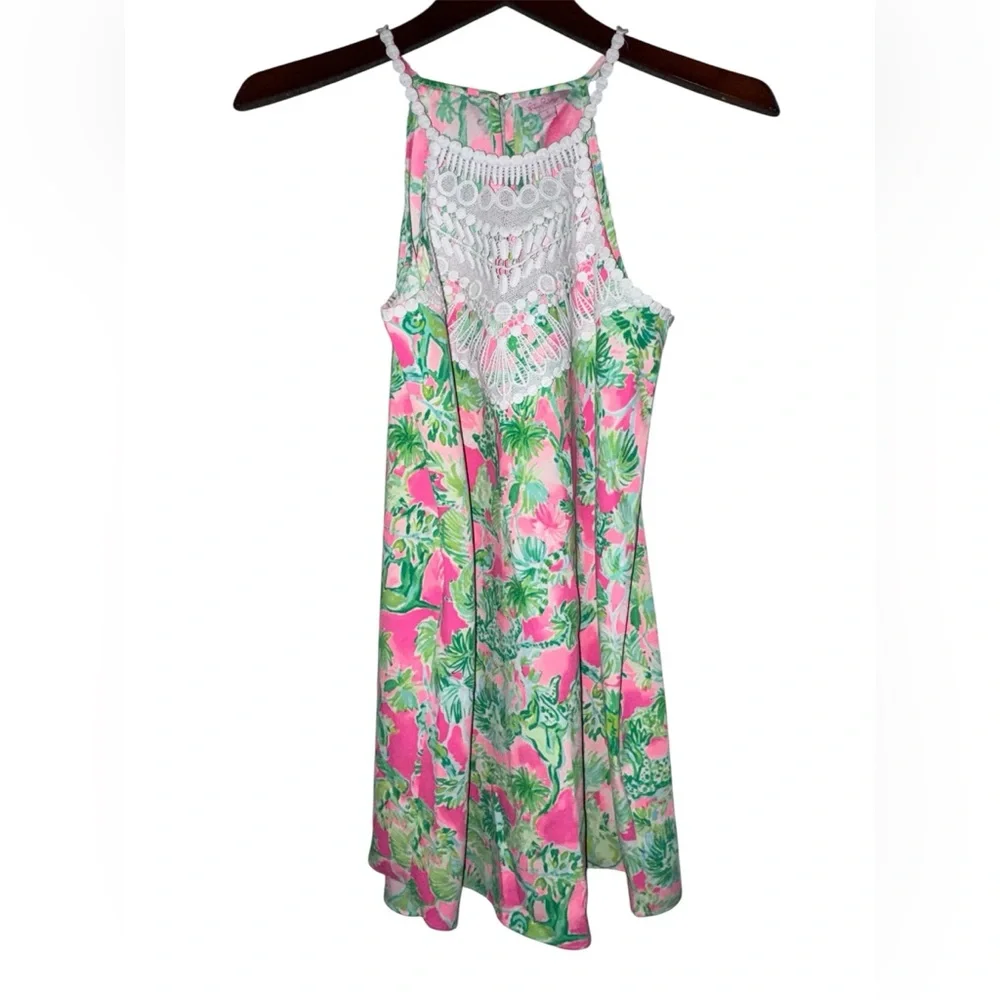 Lilly Pulitzer Pink Green Giraffe Jungle Halter Lace Dress Size 4 - Picture 4 of 7